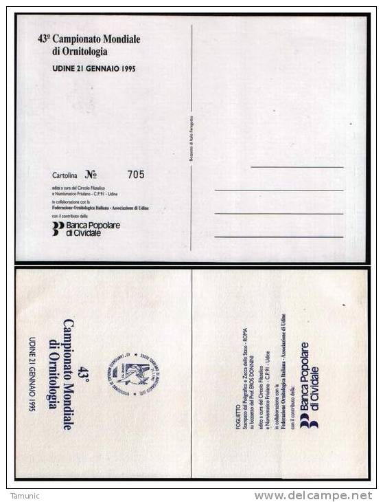 ORNITHOLOGY 43. CAMPIONATO MONDIALE DI ORNITOLOGIA UDINE 1995 CARTOLINA & BLOCCO - UNUSED - FDC