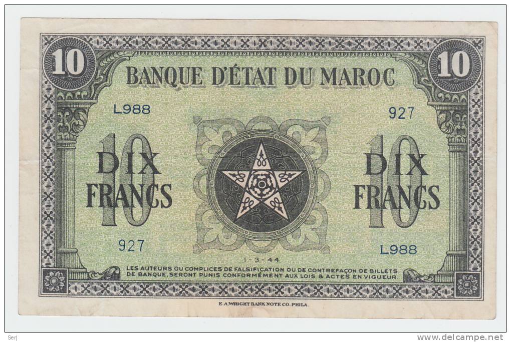 Morocco 10 Francs 1944 VF++ CRISP P 25 - Marokko