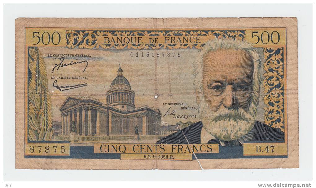 France 500 Francs 2-9-1954 "VG" RARE Banknote P 133a  133 A - 500 F 1954-1958 ''Victor Hugo''
