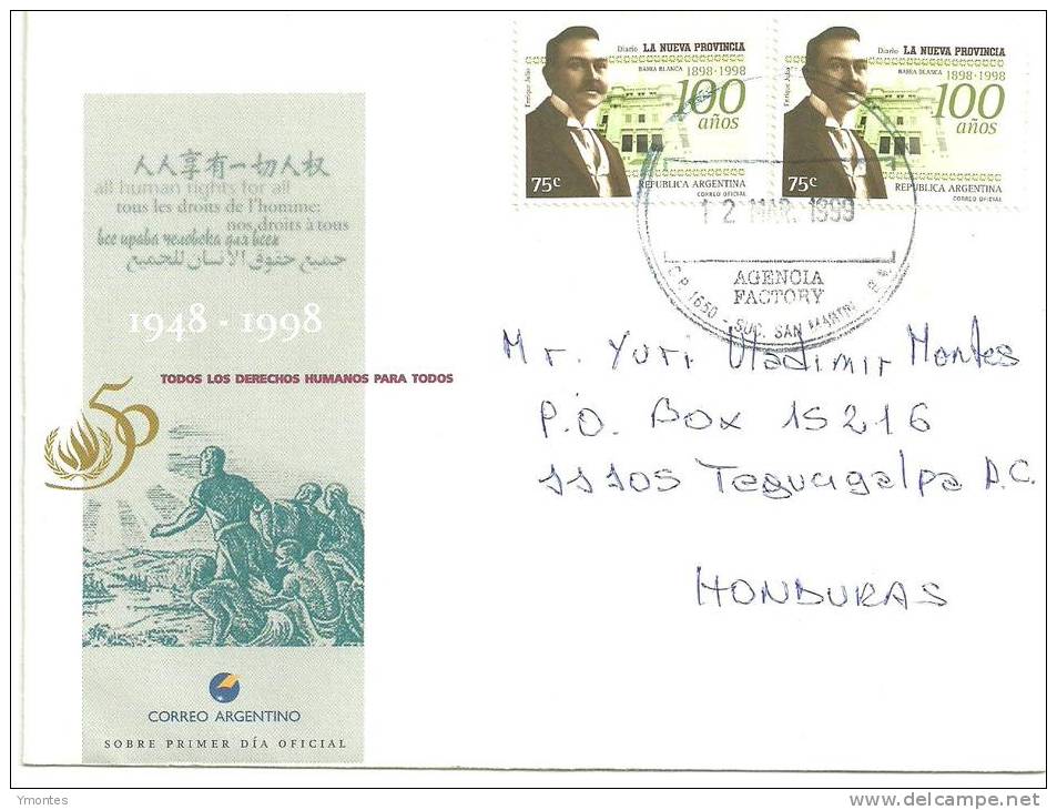 Registered Cover Argentina To Honduras 1999 - Brieven En Documenten