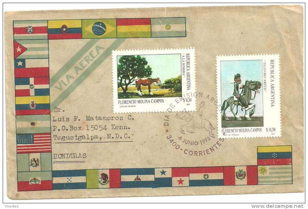 Cover Argentina To Honduras 1992 (Horse Stamps Cover With All Flags Of Latin American) - Cartas & Documentos