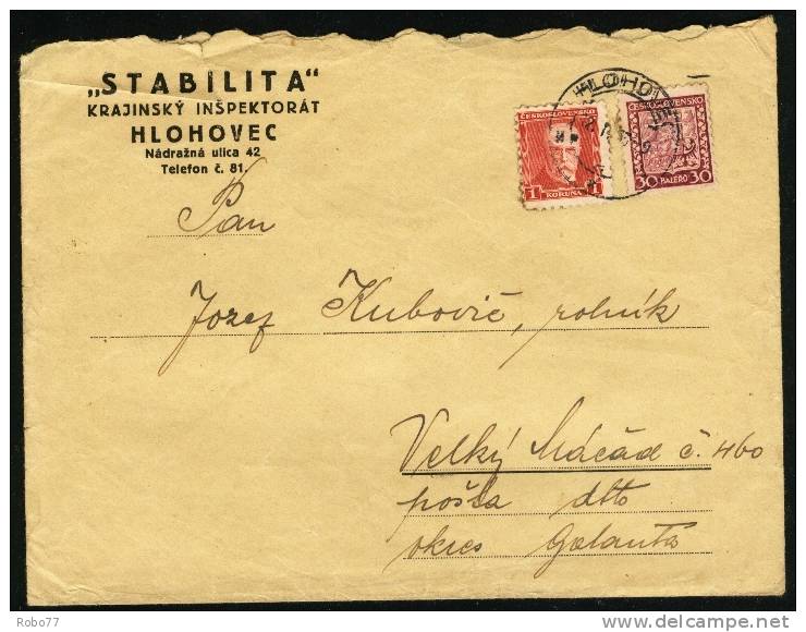 1933 Czechoslovakia Cover.  Hlohovec 12.II.33. Sent To Velký Má&#269;ad. (A06167) - Covers & Documents