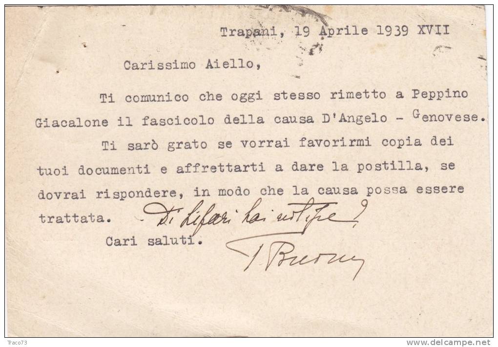 TRAPANI / PALERMO - Card / Cartolina Pubblicit.  19.4.1939  "Avv. Gaetano Buonocore" - Imper. Cent. 30 Isolato - Publicité