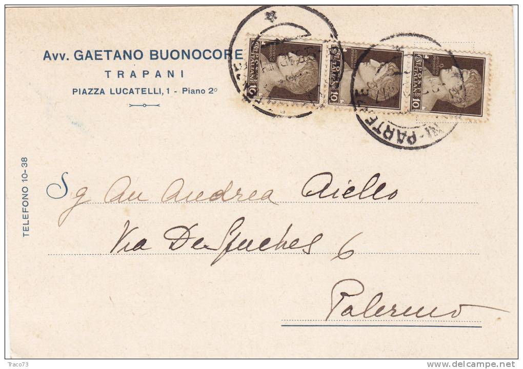 TRAPANI / PALERMO - Card / Cartolina  - "Avv. Gaetano Buonocore"  9.5.1940 - Imper. Cent. 10 X 3 - Publicité