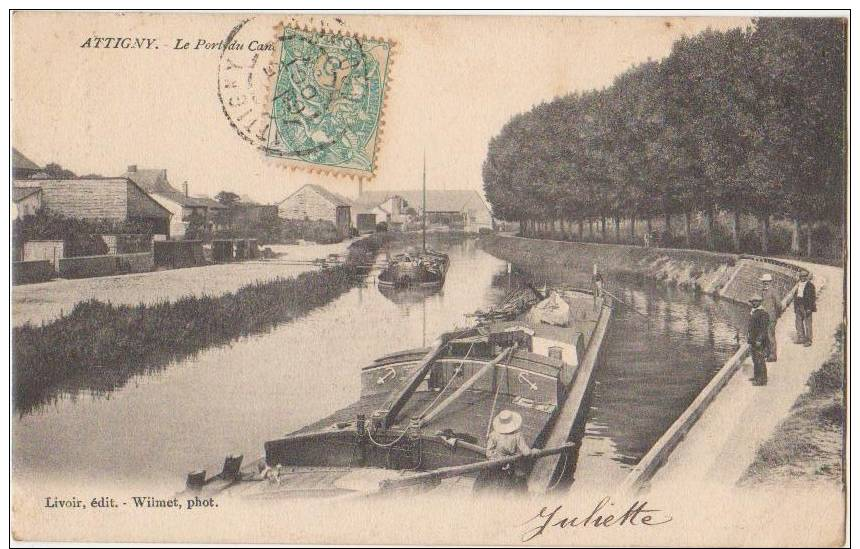 CPA 08 ATTIGNY Le Port Du Canal Péniches Batellerie 1903 - Attigny