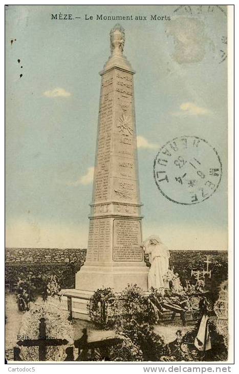 Mèze  Le Monument Aux Morts  Timbre Arraché Voir Scan  Cpa - Mèze