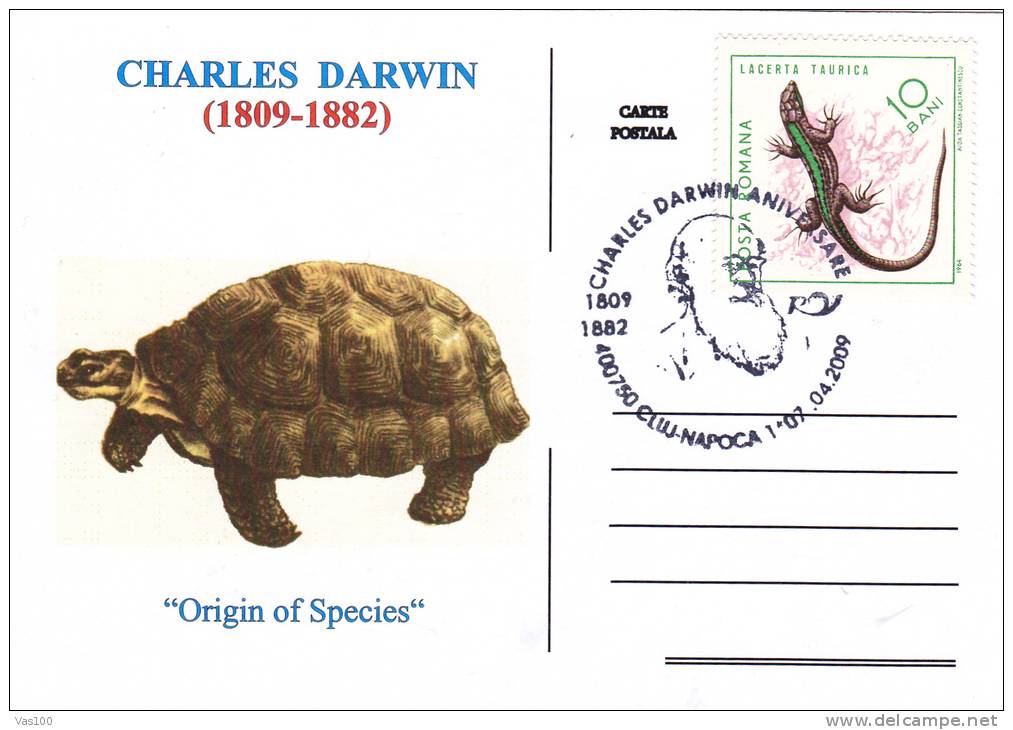 TORTUES,Charles Darwin,obliteration Concordante 2009,STUDY; "Origin Of Species" Postcard  Romania. - Schildkröten