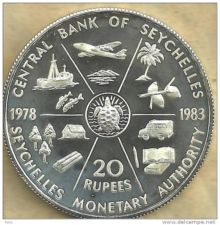 SEYCHELLES 20 RUPEES AIRPLANE SHIP BIRD BANK FRONT EMBLEM BACK 1983 AG SILVER PROOF KM52a READ DESCRIPTION CAREFULLY !!! - Seychelles