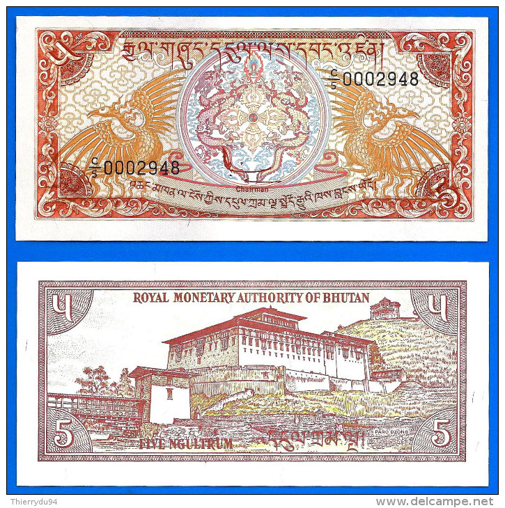 Bhoutan 5 Ngultrum 1985 Neuf Low Number Bhutan Bouthan Bhutan Oiseau Bird Uncirculated Paypal Bitcoin Skrill OK! - Bhoutan