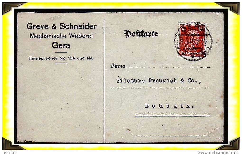 1928  -  Postcarte - Greve & Schneider > Mechanische Weberei > Gera    -   Deutschland > France - Briefe U. Dokumente