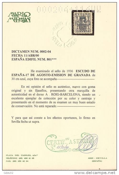 ES801-L4040.España Spain Espagne. ESCUDO DE ESPAÑA.1936. (Ed 801**).sin Charnela.Magnifico,CERTIF ICADO - Ungebraucht