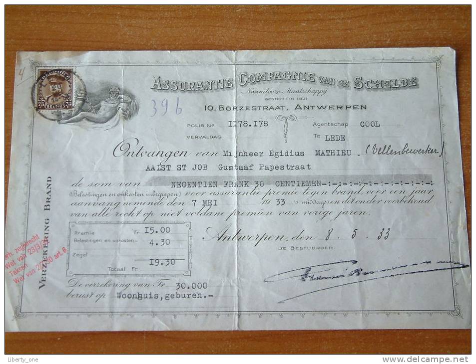 Assurantie Compagnie Van De SCHELDE Antwerpen / Aan Mathieu Egidius Te AALST 1933 ! - Lettres De Change