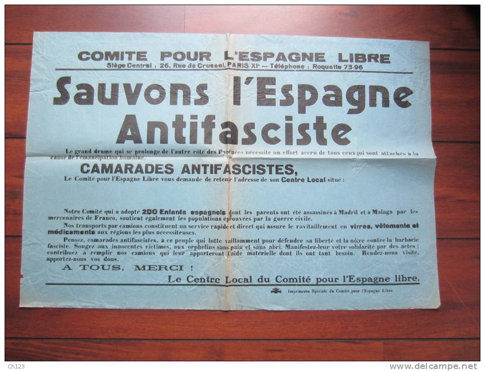 GUERRE ESPAGNE 1938 - Affiche Sauvons L´Espagne Antifasciste - Comité De L´Espagne Libre. - Andere & Zonder Classificatie