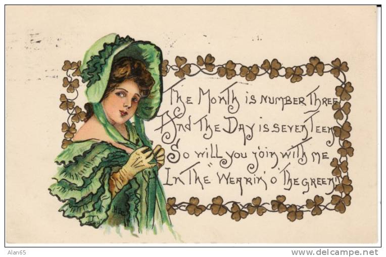 St. Patricks Day, Beautiful Girl, HB Griggs Artist Signed, Shamrock, On C1900s Vintage Postcard - Saint-Patrick