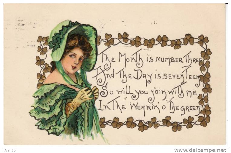 St. Patricks Day, Beautiful Girl, HB Griggs Artist Signed, Shamrock, On C1900s Vintage Postcard - Saint-Patrick's Day