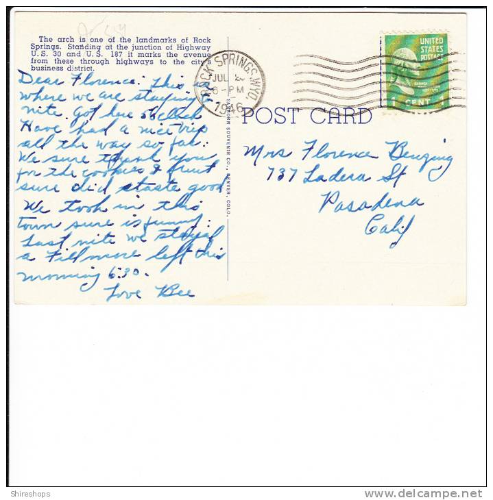 The Arch Rock Springs Wyoming Coal Home Of Welcome Postmark Rock Springs 1946 - Rock Springs
