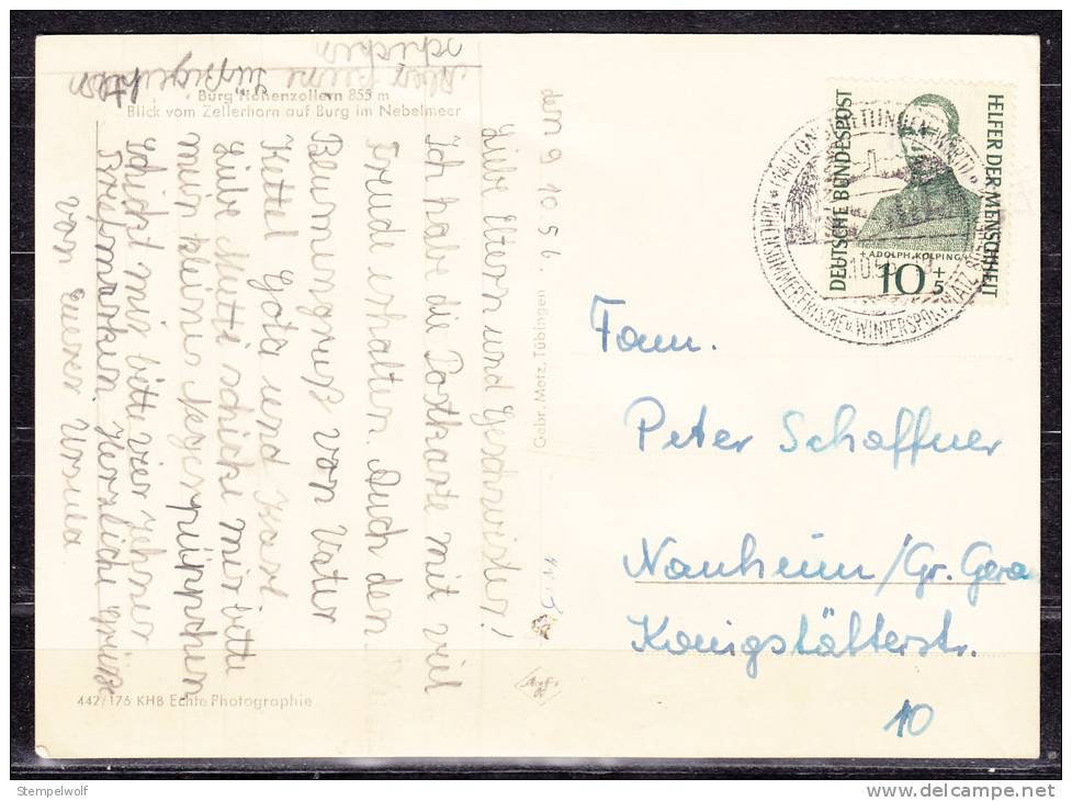 AK Hohenzollern Im Nebelmeer, EF Kolping, Sonderstempel Onstmettingen, Nach Nauheim 1956 (14368) - Maschinenstempel (EMA)