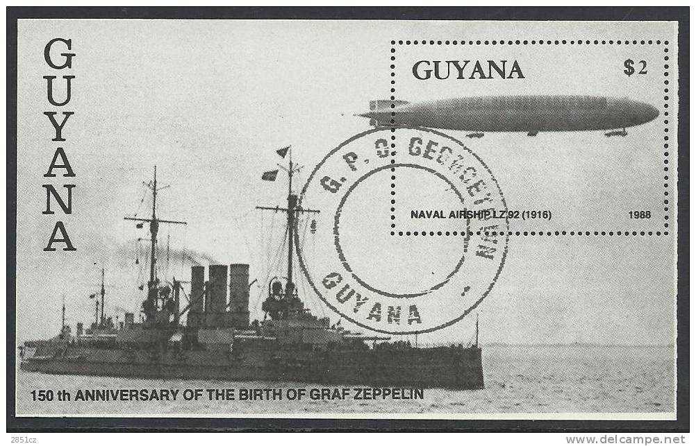 150th ANNIVERSARY OF THE BIRTH OF GRAF ZEPPELIN, Guyana, 1988. - Zeppelins