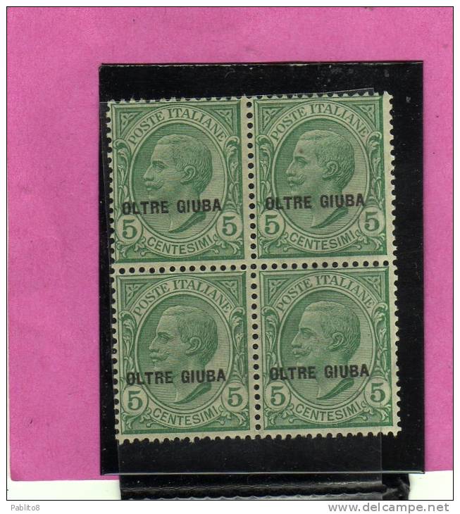 OLTRE GIUBA 1925 SOPRASTAMPATI DEL REGNO 5 C MNH OTTIMA CENTRATURA QUARTINA - Oltre Giuba