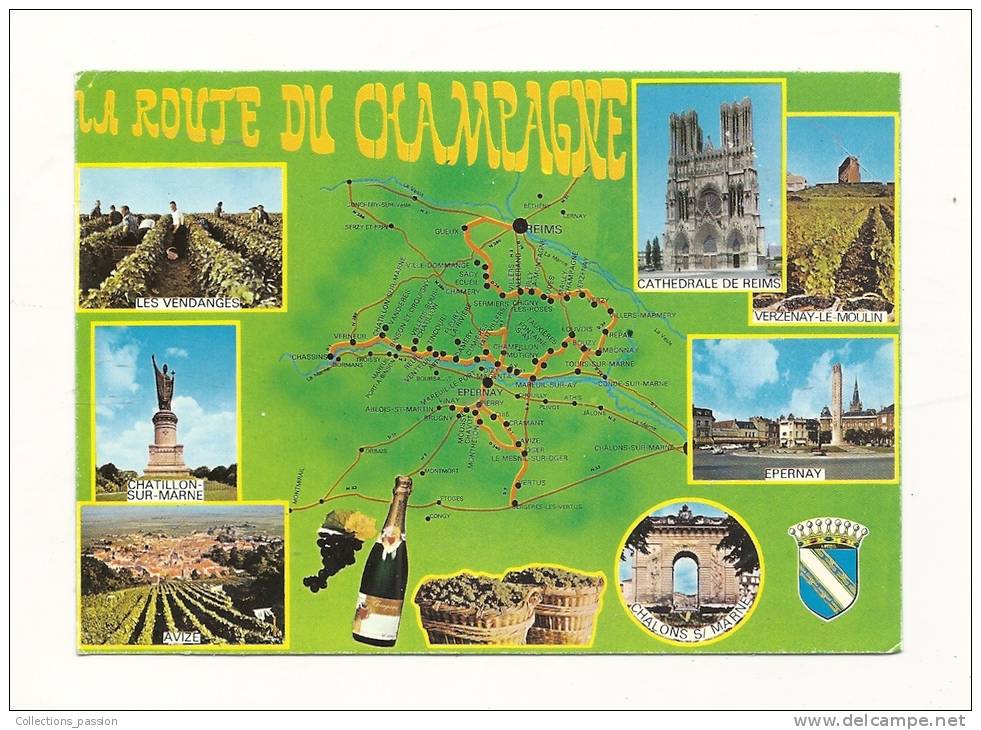 Cp, Carte Géographique, La Route Du Champagne, Voyagée 1988 - Carte Geografiche