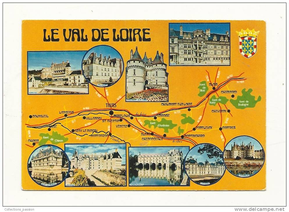 Cp, Carte Géographique, Le Val De Loire, Multi-Vues, Voyagée 1988 - Landkarten