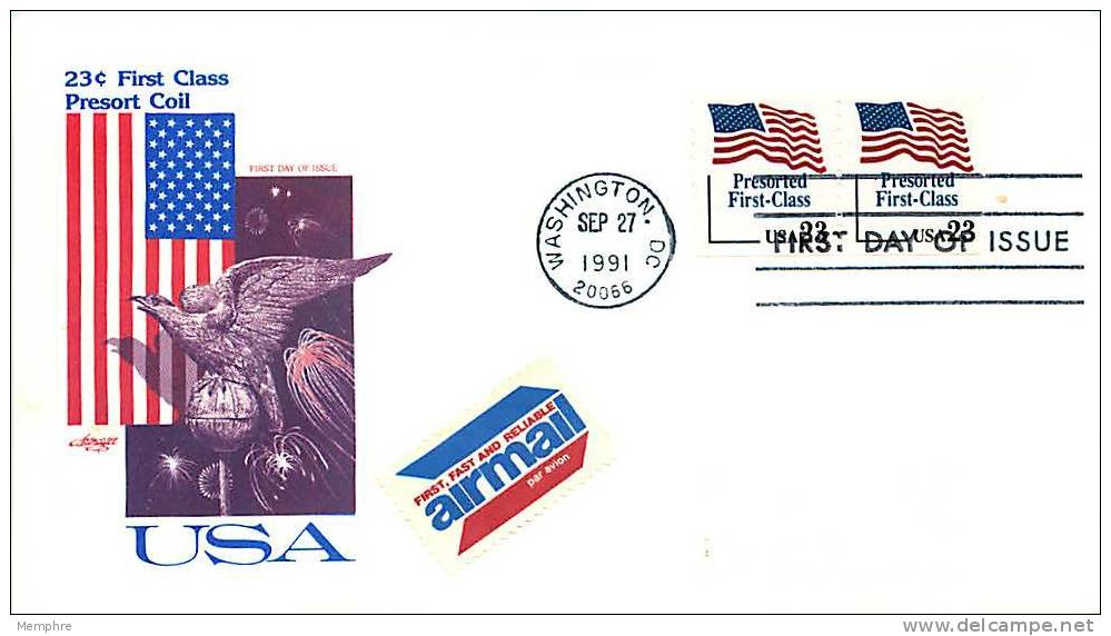 1991  $0.23  Flag  Presorted First Class  Coil Stamp  Pair  Sc 2605 - 1991-2000