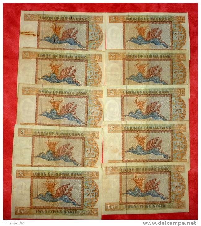 Burma Lot 10 X 25 Kyats 1972 Myanmar Birmanie Kyat Paypal Bitcoin Skrill OK! - Myanmar