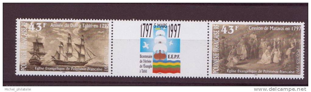 Polynesie N° 527A** Neuf Sans Charniere  Tryptique Bicentenaire De L'arrivée De L'evangile - Unused Stamps