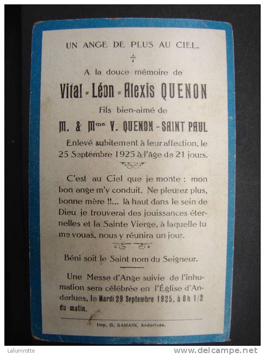 IPM24. Vital Léon Alexis QUENON Fils De V. Quenon Saint-Paul Décédé Le 25/09/1925 à L'âge De 21 Jours - Religione & Esoterismo