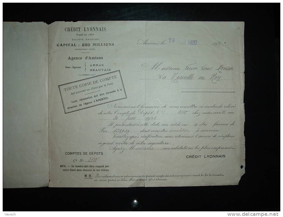 RELEVE DE COMPTE AVOIR COMPLET CREDIT LYONNAIS AMIENS TP 3 C + 5 C X2 IMPOT DE 5% SUR LES REVENUS DES CREANCES DEPOTS - Briefe U. Dokumente