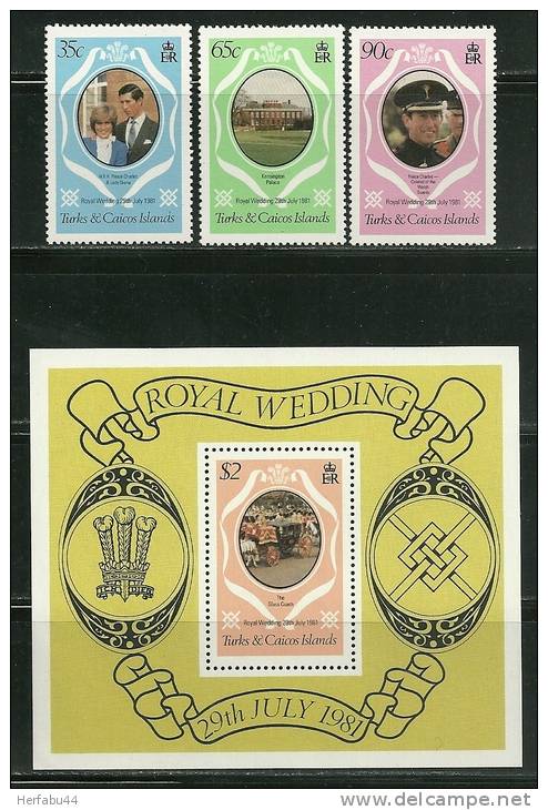 Turk &amp; Caicos Islands           "Royal Wedding"       Set  &amp;^ Souvenir Sheet   SC# 486-89  MNH** - Turks & Caicos (I. Turques Et Caïques)