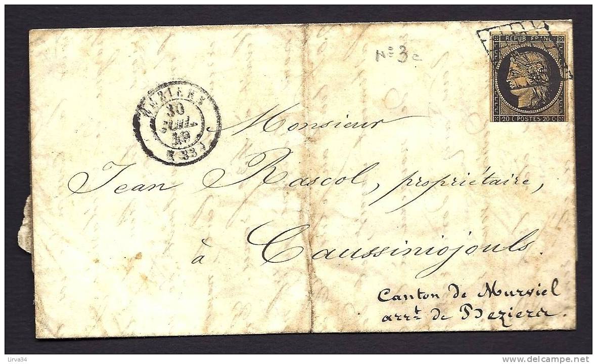 LETTRE  ANCIENNE- COVER- FRANCE-  TIMBRE CÉRES N° 3c NOIR SUR CHAMOIS FONCÉ-  JUILLET 1849 - 1849-1876: Classic Period