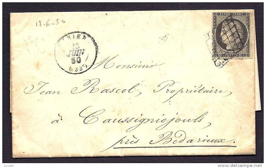 LETTRE  ANCIENNE- COVER- FRANCE- RARE CERES N°3j GRIS-NOIR-  BEZIERS POUR CAUSSINIOJOULS- JUIN 1850 - 1849-1876: Classic Period