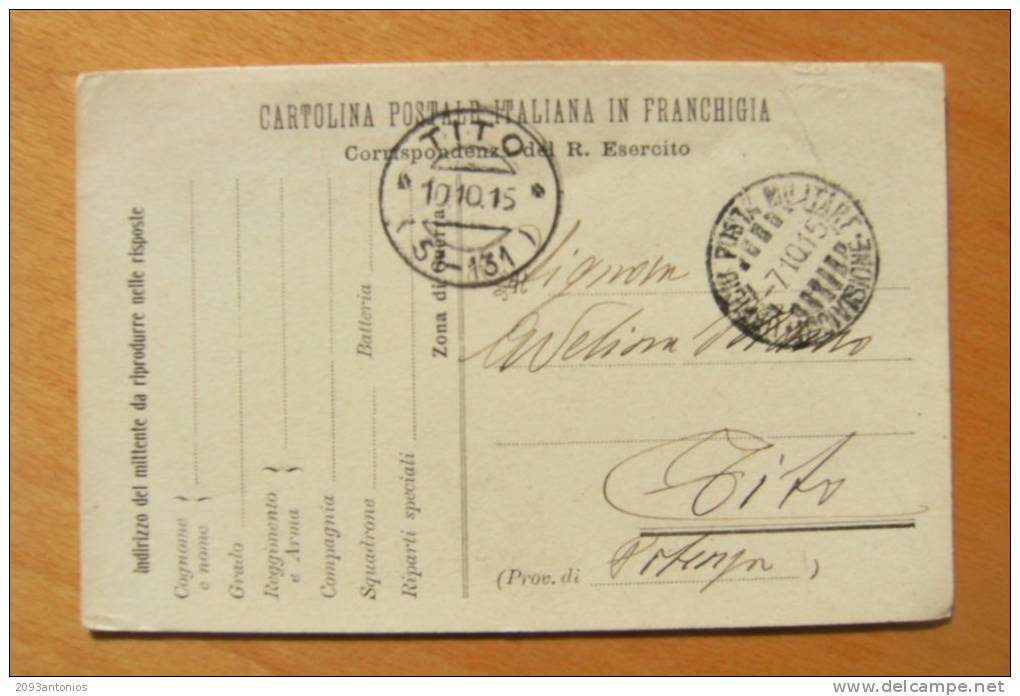 CARTOLINA POSTALE   IN FRANCHIGIA    -   I GUERRA   VIAGGIATA 10.10.15   (6953) - Zonder Portkosten