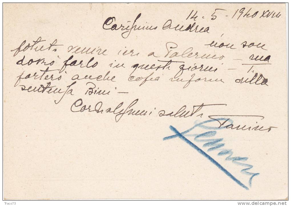 TRAPANI / PALERMO - Card / Cartolina  15.3.1940 - "Avv. Gaetano Buonocore"  - Imper. Cent. 30 - Publicité