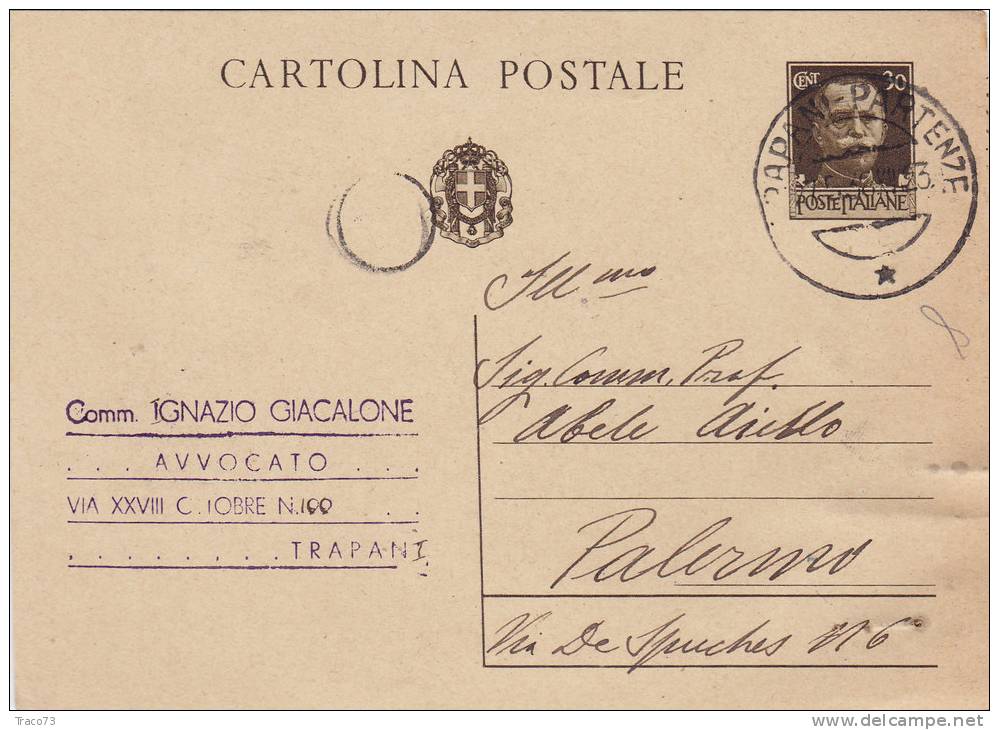 TRAPANI / PALERMO - Card / Cartolina  27.5.1938 - "Comm. Avv. IGNAZIO Giacalone  - Imper. Cent. 30 - Publicité