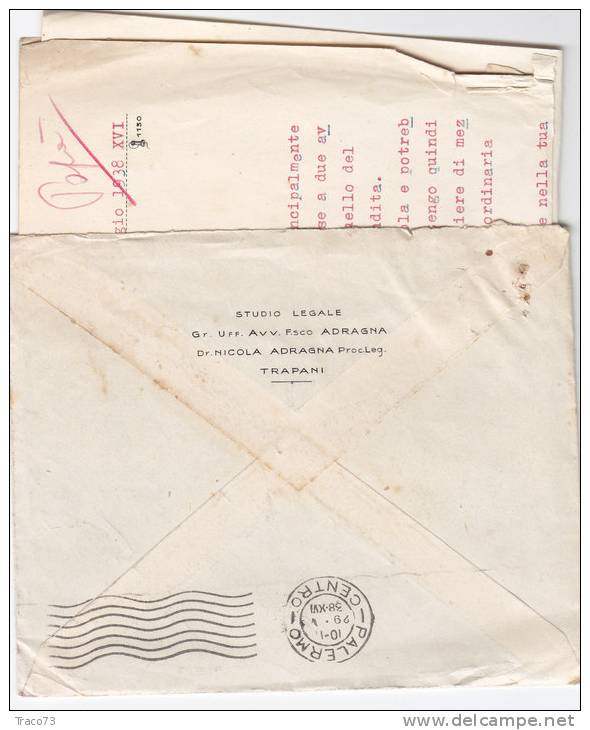 TRAPANI / PALERMO - Lettera   28.5.1938 - "Grand Uff.  Avv. Francesco Adragna  - Imper. Cent. 50 Isolato - Reclame