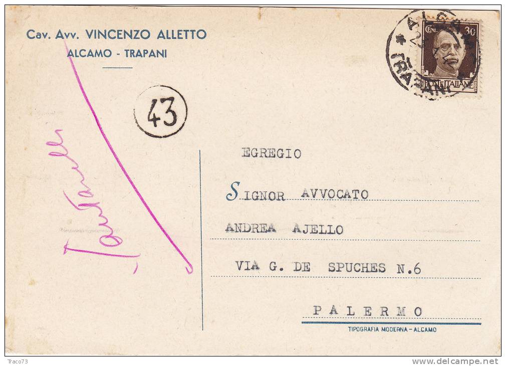 TRAPANI / PALERMO - Cartolina   23.1.1942 - " Cav. Avv. Vincenzo Alletto " - Imper. Cent. 30 Isolato - Publicité