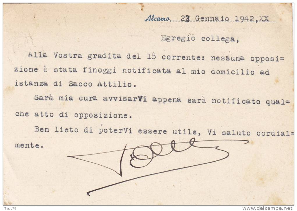 TRAPANI / PALERMO - Cartolina   23.1.1942 - " Cav. Avv. Vincenzo Alletto " - Imper. Cent. 30 Isolato - Reclame