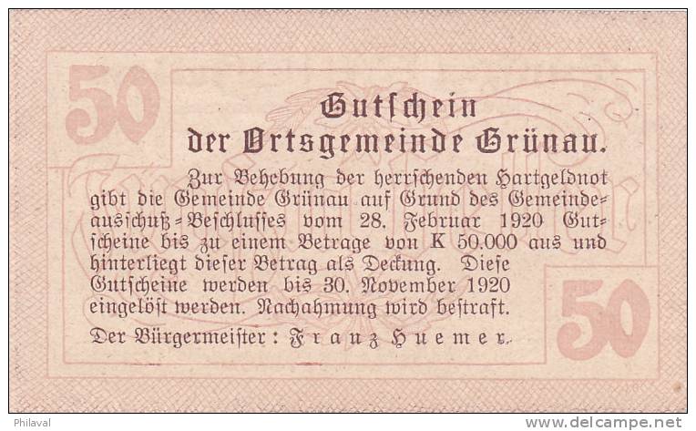 Notgeld 50 Heller  : GRÜNAU - Autriche