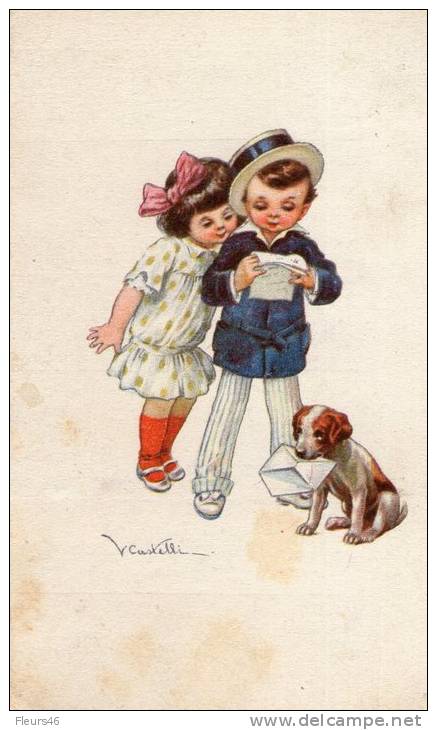 BELLE ILLUSTREE Signée CASTELLI -enfants Lisant Une Lettre . Chiot . - Castelli