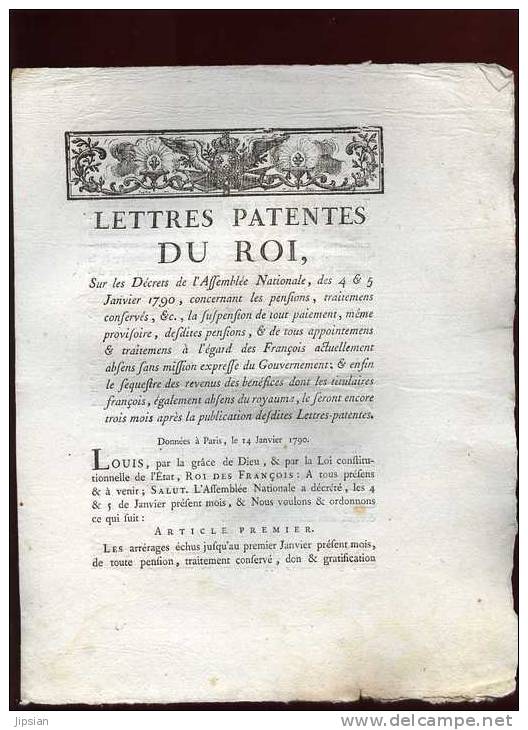 Lettres Patentes Du Roi Des 4 & 5 Janvier 1790 Concernat Pensions Et Revenus Des Français Absent Du Royaume - Documents Historiques