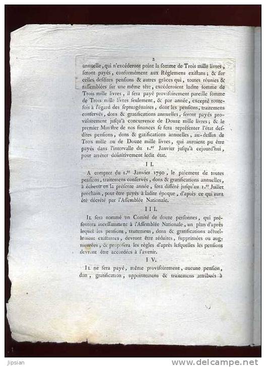 Lettres Patentes Du Roi Des 4 & 5 Janvier 1790 Concernat Pensions Et Revenus Des Français Absent Du Royaume - Documents Historiques