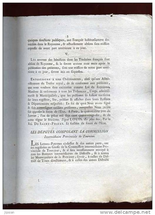 Lettres Patentes Du Roi Des 4 & 5 Janvier 1790 Concernat Pensions Et Revenus Des Français Absent Du Royaume - Historische Dokumente