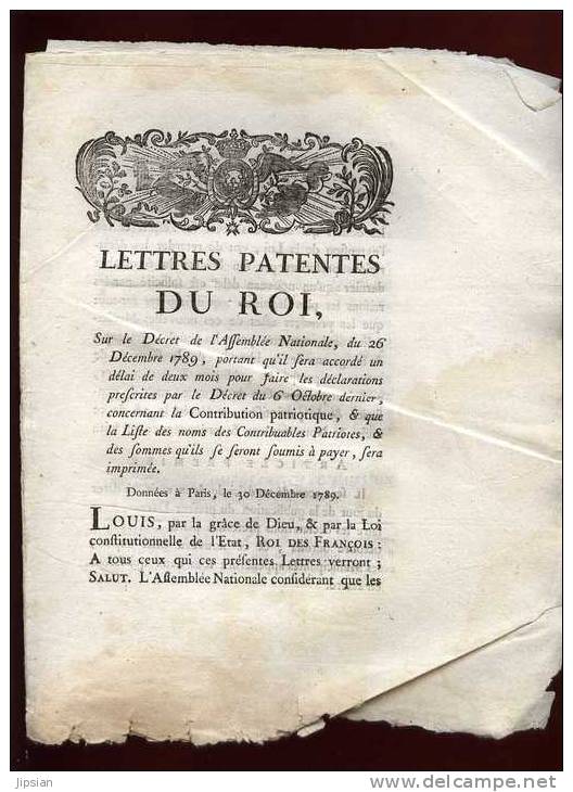 Lettres Patentes Du Roi Du 26 Décembre 1789 Concernant La Contribution Patriotique - Documents Historiques