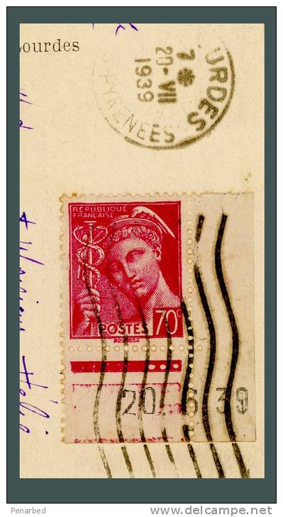 Mercure N°416 Avec Coin Daté Du 30-06-39 Sur Carte Postale, Oblitération Frankers De Lourdes Du 20-07-39 - 1938-42 Mercure