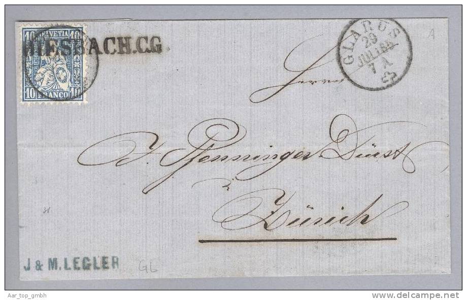 Heimat GL DIESBACG C.G. 1865-07-29 Langstempel Auf Brief Nach Zürich Zu#31 Sitzende Helvetia - Oblitérés