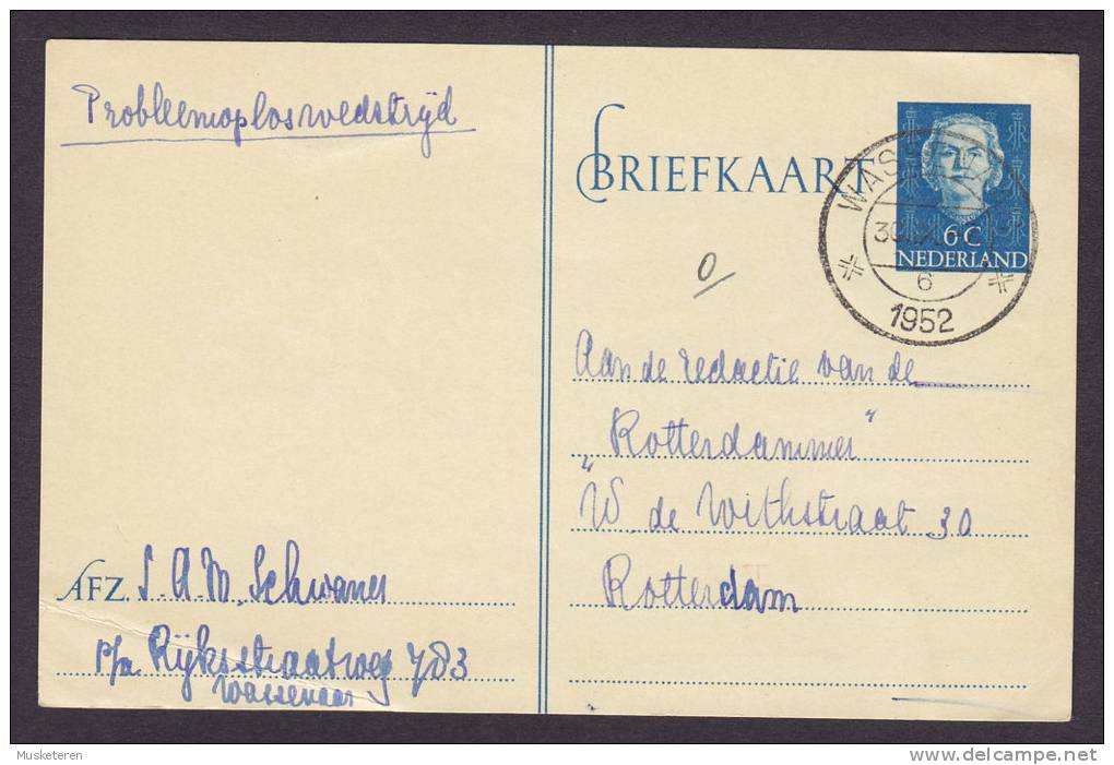 Netherlands Postal Stationery Ganzsache Entier Chess Schack Correspondance WASSENAAR 1952 (2 Scans) - Postal Stationery