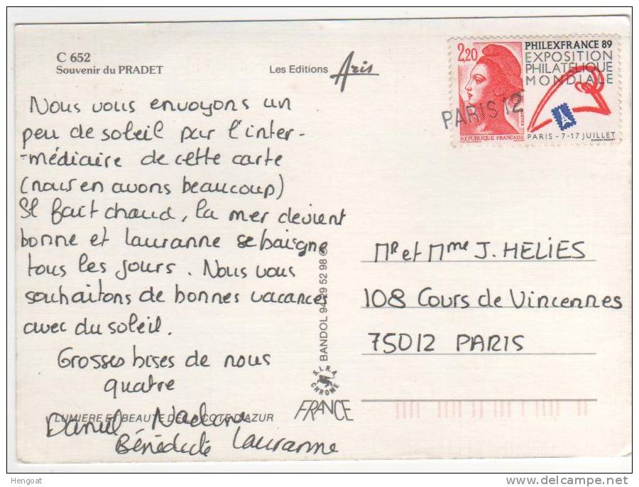 Griffe Linéaire En Arrivée  : " Paris 12 "   / Carte De Le Pradet - Brieven En Documenten