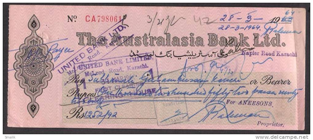 PAKISTAN, The Australasia Bank Cheque 1964 Napier Road Karachi - Bank & Insurance